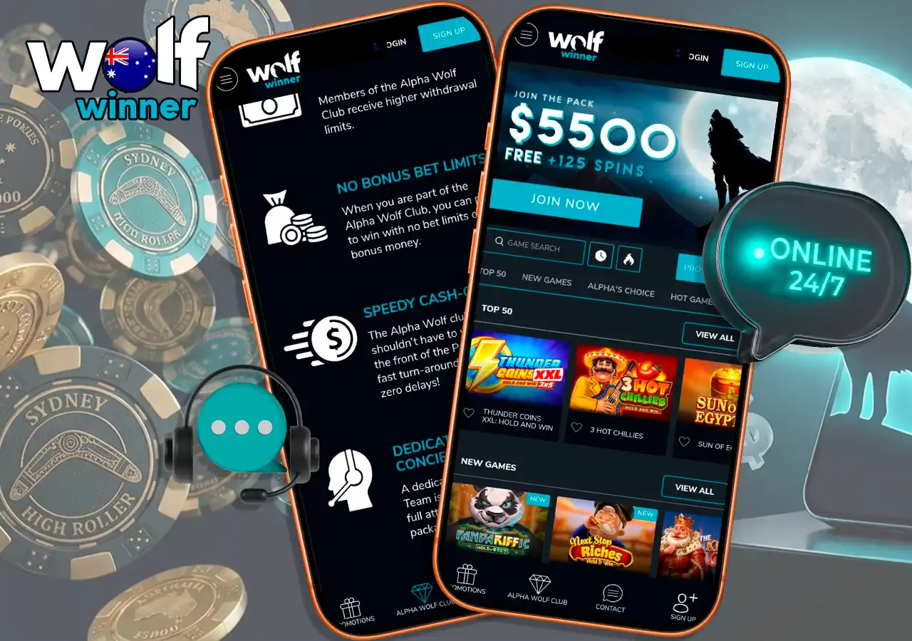 24-7 Wolf Winner casino customer support service via online live chat.