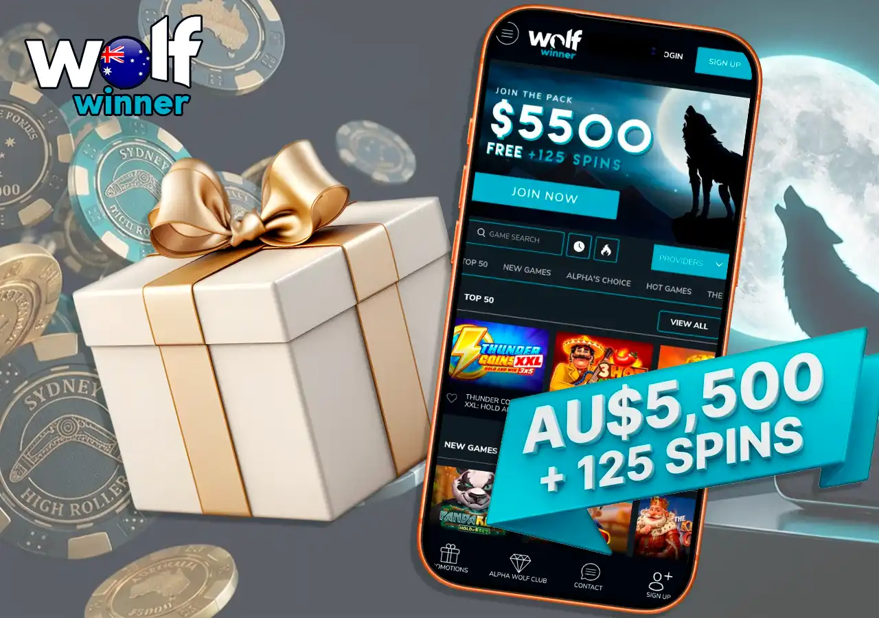 Exclusive Wolf Winner welcome bonus package up to 5500 AUD and free spins.