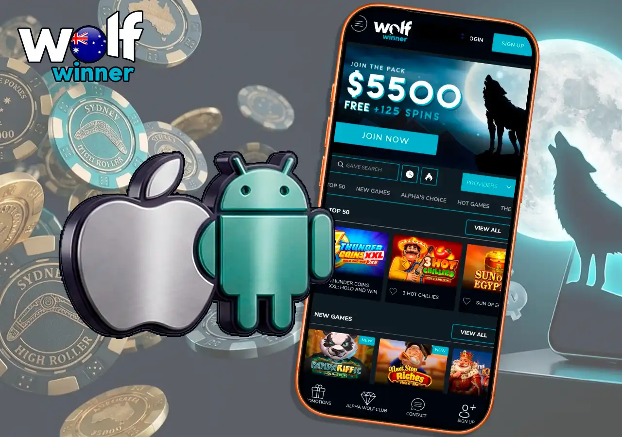 Wolf Winner mobile casino responsive browser version for Android and iOS devices.